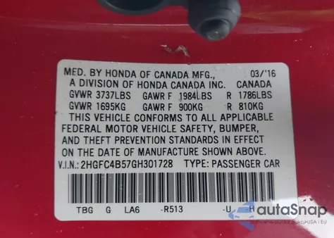 2016 Honda Civic Lx from USA, damaged, VIN 2HGFC4B57GH301728